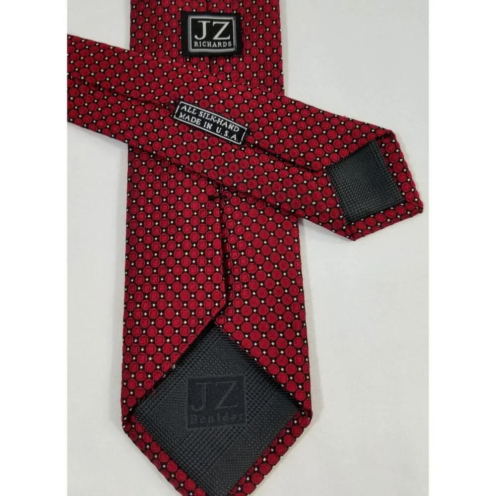 JZ Richards Mens Red Silk Tie Made In USA Geometric Circles in Squares